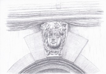 A sketch of an arch, an element with a head, in pencil, in the city of St. Petersburg