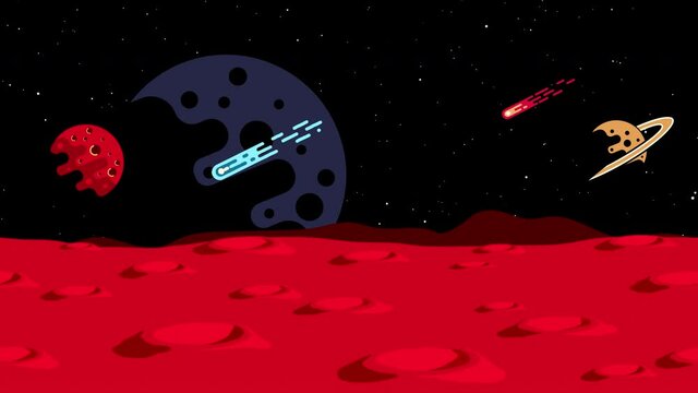 Mars landscape with craters and space background. Cartoon Alien planet with space objects. Looped 2d animation.
