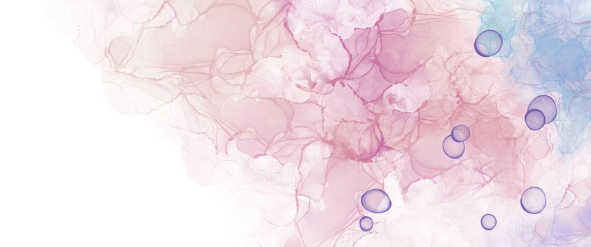 Elegant alcohol ink background with colored bubbles and soft pink gradient design elements, modern fluid art texture, hand drawn painting wallpaper, 