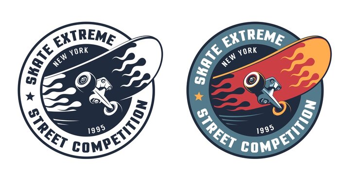 Skate extreme round retro logo with skateboard. Vector illustration.
