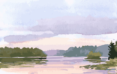 Vector watercolor landscape of lakeside in lilac sunset