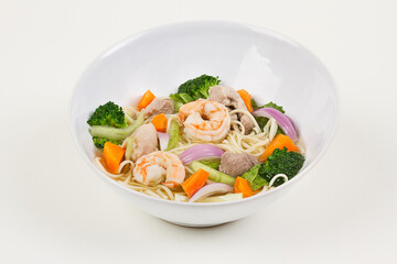 Asian shrimp and vegetable noodle soup.