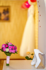 Wedding woman fashionable accessories. Beautiful romantic flowers.