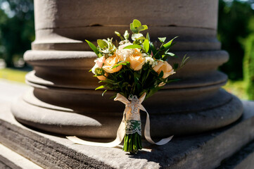 Bouquet of wedding roses decoration. Marriage beautiful bouquet of flowers.