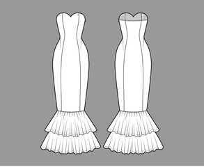 Dress mermaid technical fashion illustration with strapless sweetheart neckline, fitted body, floor maxi length circular skirt. Flat evening apparel front, back, white color style. Women, men mockup