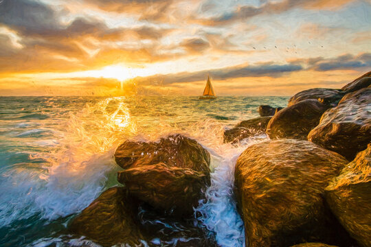 Sunset Ocean Sailboat Painting