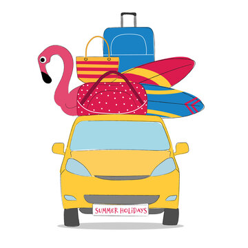 Yellow car with luggage, surf boards and flamingo pool float. Summer holidays. Tourism and vacation theme.