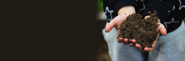 The child plants, protects the plant in the beds, in the garden. Selective focus.