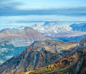 Autumn alpine Dolomites mountain scene near Pordoi Pass, Trentino , Italy.