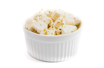 Bowl Filled with Cubed Feta Cheese on a White Background