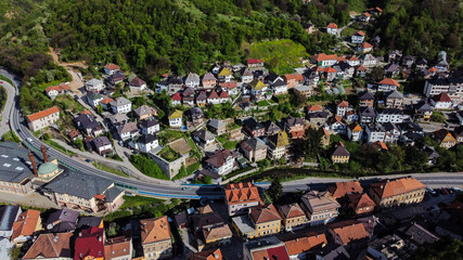 Aerial drone view of Old houses and buildings in Travnik, Bosnia and Herzegovina. Traditional house in ottoman style. 