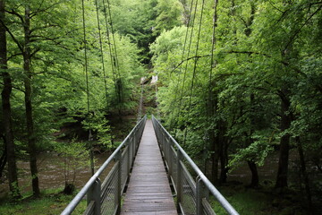 A suspension footbridge over the Petite Creuse river.