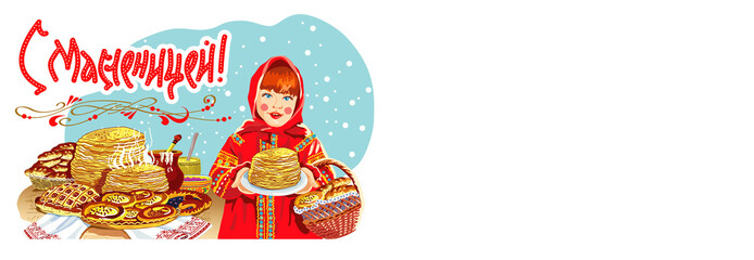 Shrovetide vector. Russian girl in a traditional costume and national Russian food on the table: pancakes, pies, bread, cheesecakes, krynka with milk, sour cream. Translation: 