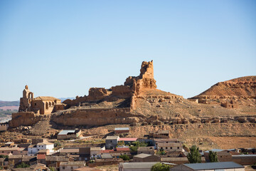 ruins of the medieval castle and the church in Monreal de Ariza, province of Zaragoza, Aragon, Spain