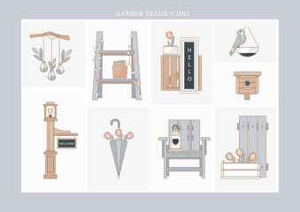 Outdoor furniture and patio items. Icons set