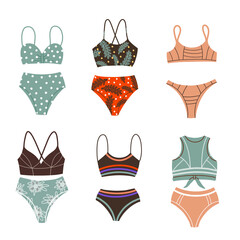 A set of different fashionable swimsuits. Beachwear. Two-piece bathing suits, swimsuits in retro style, sports. Vector Flat Illustration