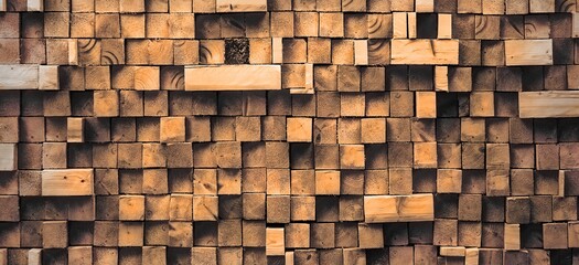 Rustic Wooden Wall From Wood Blocks Panoramic Background Texture. Pine Wood Wide Panel for Design. Seamless Texture of Wooden Blocks in Collage Background. Wooden Blocks Wall. Mosaic Wooden Wallpaper.