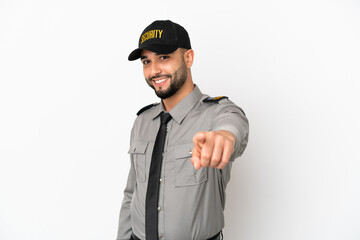 Young arab man isolated on white background pointing front with happy expression
