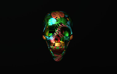 Naklejka premium Human scull 3d rendering. Colorful laughing death's-head on black background