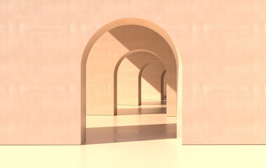 3d rendering. Arch hallway simple geometric background, architectural corridor, portal, arch columns inside empty wall. Modern minimal concept