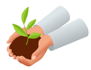 Isometric concept of growth, new life, environment protection and organic planting. Hand holding sprout. Startup, profit, growth, success, investment, investment, income, future, shares