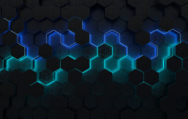 Hexagonal abstract background. Futuristic cellular 3d panel with hexagons and neon light. Ceramic or metallic tile. 3d wall texture.  Geometric background for interior wallpaper design - obrazy, fototapety, plakaty