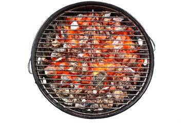 Kettle Grill Pit With Flaming Charcoal. Top View Of BBQ Hot Kettle Grill With Stainless Steel Grid,...
