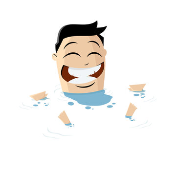 funny asian cartoon man floating in water
