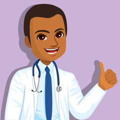 Fototapeta premium Happy black African American doctor showing thumb up hand gesture