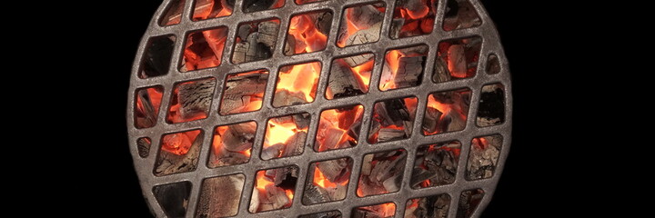 Kettle Grill Pit With Flaming Charcoal. Top View Of BBQ Hot Kettle Grill With Cast Iron Grid,...