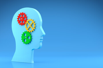 Brain Gears in Human Head Shape on Blue Background. 3d Rendering