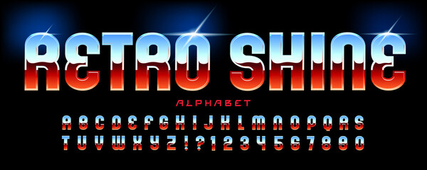 Retro Shine alphabet is a chrome effect font of bold letters with beveled reflected edges, reflecting a red and blue landscape. Good for retro 80s vaporwave graphics. - obrazy, fototapety, plakaty