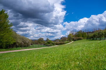 Landscape on the outskirts of Bamberg, Germany with spring meadow and impressive cloud play in the background