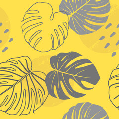 Fototapeta na wymiar Exotic leaves seamless pattern in gray and yellow. Creative modern background in trendy colors of 2021