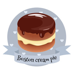 American dessert boston cream pie. Colorful illustration in cartoon style.