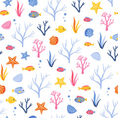 Cute marine pattern with colorful seaweed, fishes and shells on white background. Colorful sea algae hand drawn in cartoon style. Vector illustration