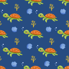 Cute seamless marine pattern with baby turtles swimming under water. Vector illustration with hand drawn marine animals, corals and shells on navy blue background. Kawaii cartoon print