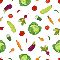 Seamless pattern with summer seasonal vegetables - cabbage, eggplant, carrot, pepper, beetroot, tomato, onion, zucchini. Vector illustration hand drawn in cartoon style on white background