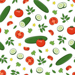 Summer vegetables seamless pattern - cucumbers, tomatoes, flowers and leaves on white background. Hand drawn cartoon illustration of seasonal vegetables for menu, recipes book, kitchen textile. Vector