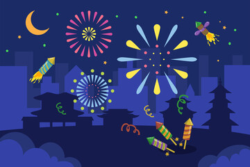 Fototapeta na wymiar Colorful fireworks in Asian city at night. Firecrackers, confetti, pagodas, silhouette of city and buildings cartoon vector illustration. Party, celebration, Lunar New Year, Asia, holiday concept