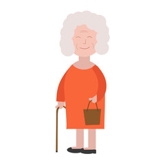 Granny in a red dress with a stick in a flat style for print or web design