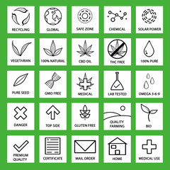 New Set of CBD oil icons. Popular icon set. THC free, no gmo, made in USA, bio, vegan, premium quality, lab tested, omega 3-6-9, pure, natural, no pesticides, organic, eco, gluten free, gmp.	