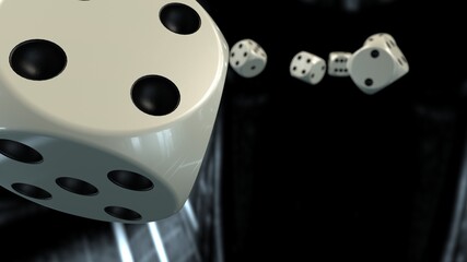 Rolling white-black dices under spaceship inside background. 3D CG. 3D illustration. 3D high quality rendering.