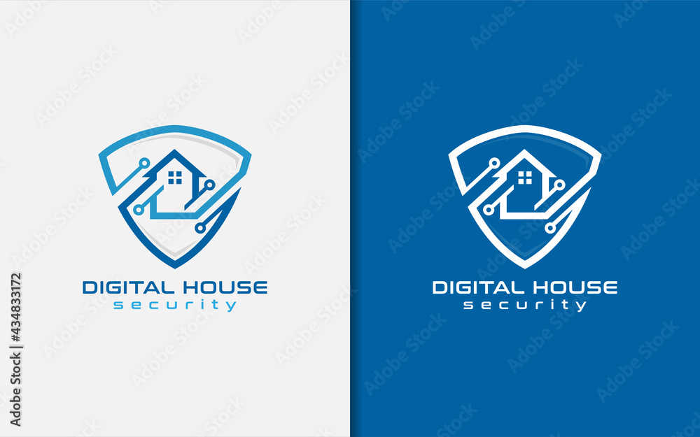 Poster abstract shield combined with house and digital element logo design. usable for building business, t