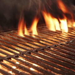 Empty Flaming BBQ Charcoal Grill, Closeup. Hot Barbeque Grill Ready Cooking Food On Cast Iron Grate. Concept For Cookout, Barbecue Party At Garden Or Backyard. Grill With Bright Flames Black Isolated. - obrazy, fototapety, plakaty