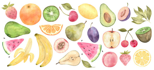 Watercolor fruit set. Juicy and colorful fruit on white background including pears, lemons, oranges, apple, plums, avocados and more. Healthy diet food with fruits.