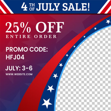 4th of July promotional discount banner, poster, social media post, etc. with blank space to add image.