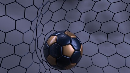 Dark Blue-Gold Soccer Ball in the Goal Net under black background with dark toned foggy smoke. 3D illustration. 3D CG. 3D Rendering. High resolution.