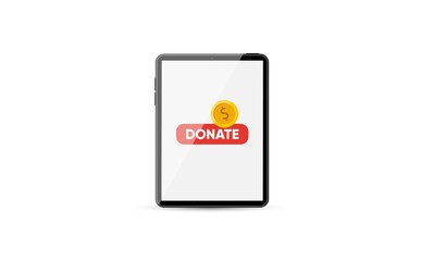 Donate online concept. Smartphone with gold coin and button on Tablet screen.