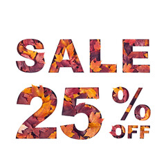 Paper cut sale 25 percent off text filled with texture of yellow and red autumn fall maple leaves...